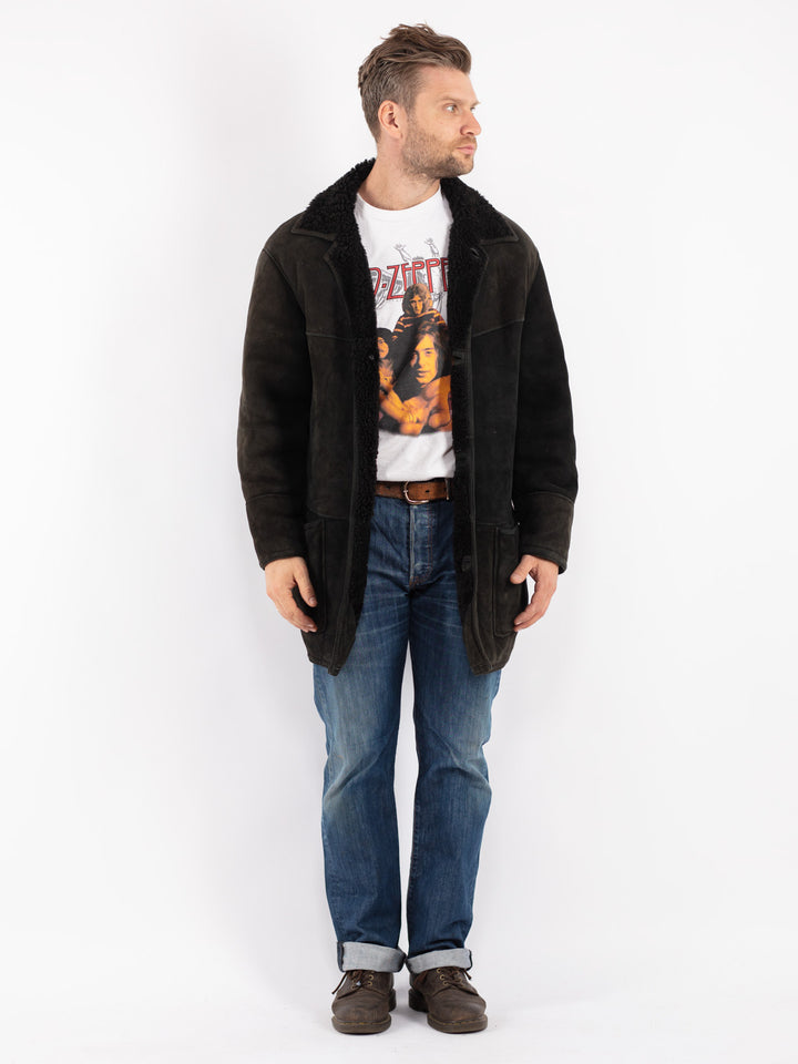 Vintage 80's Men Sheepskin Coat in Black