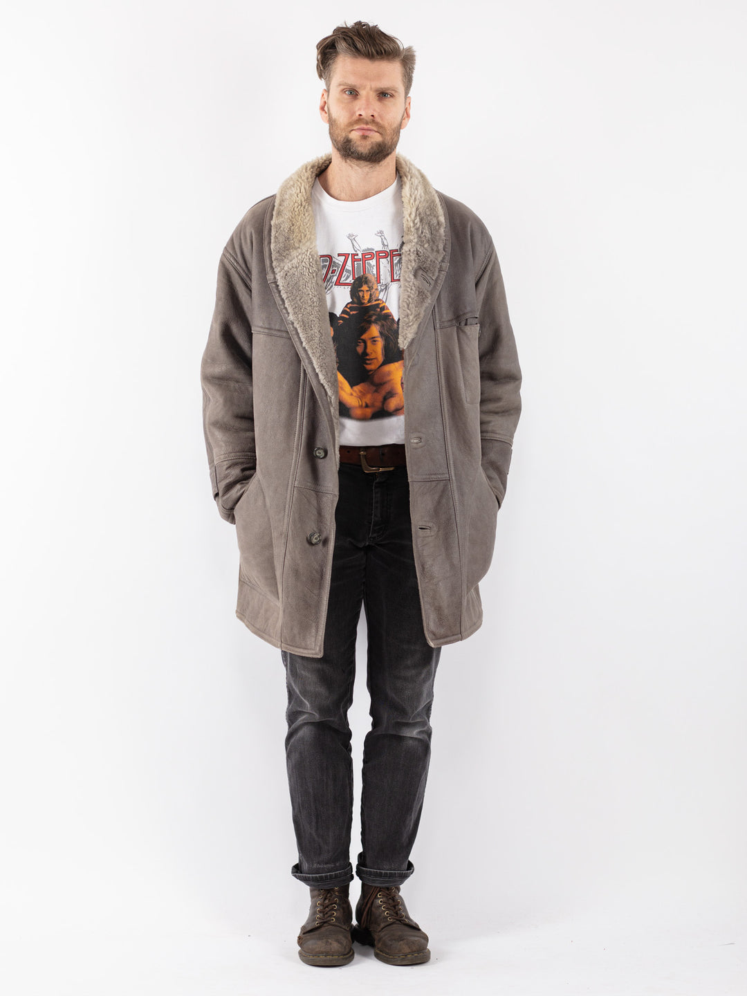 Vintage 80's Men Sheepskin Coat in Gray