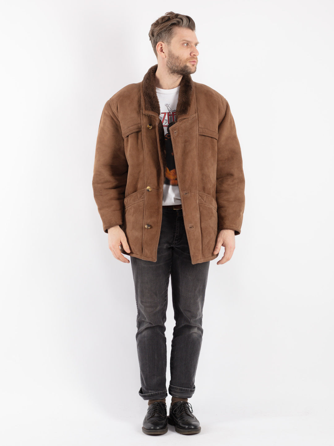 Vintage 80's Men Sheepskin Shearling Coat in Beige