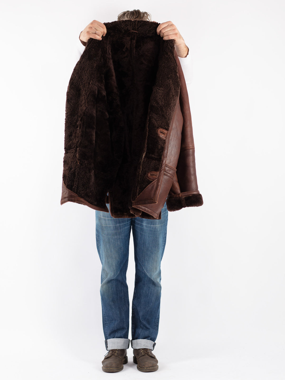 Vintage 80's Men Sheepskin Shearling Coat in Brown