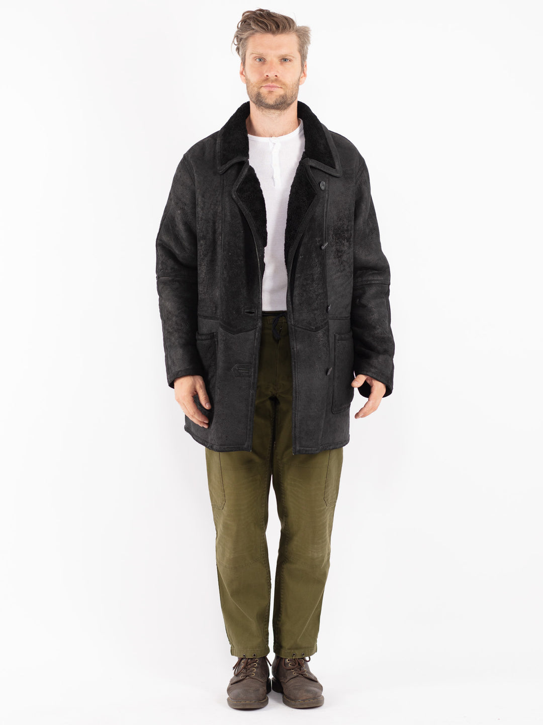 Vintage 80's Men Sheepskin Coat in Black