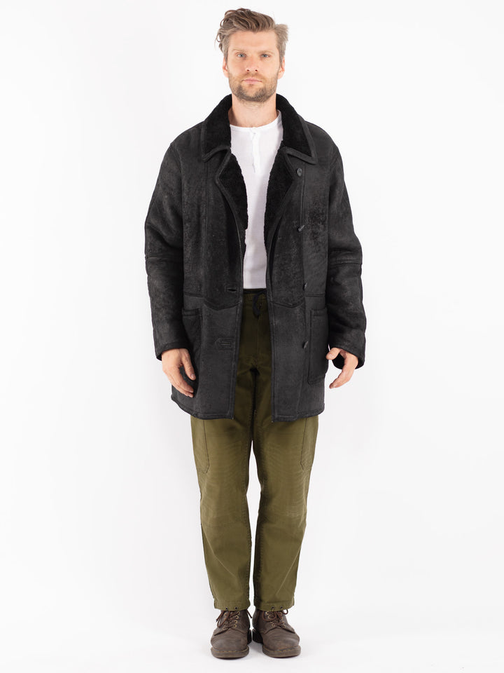 Vintage 80's Men Sheepskin Coat in Black