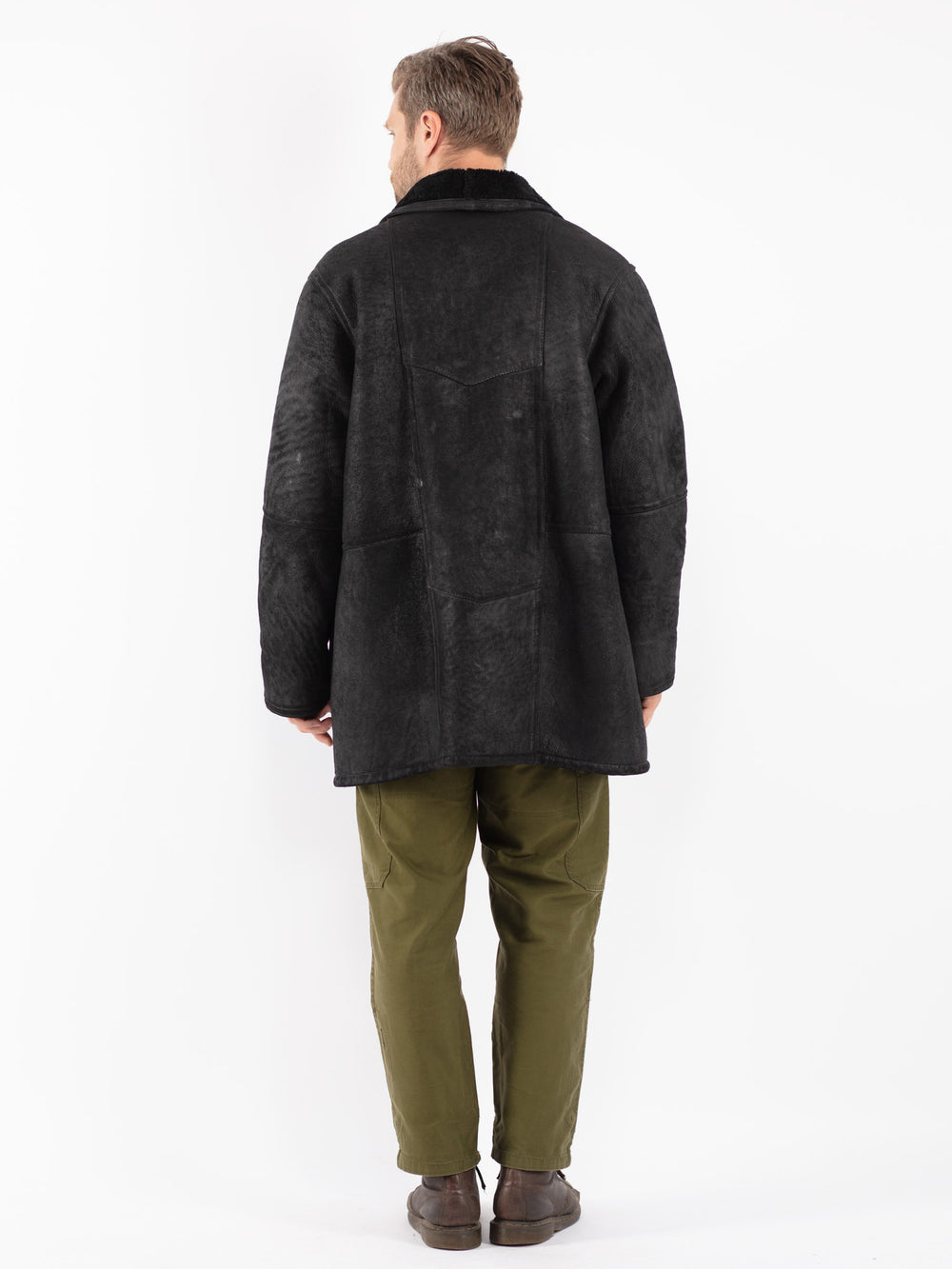 Vintage 80's Men Sheepskin Coat in Black