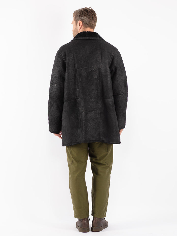 Vintage 80's Men Sheepskin Coat in Black