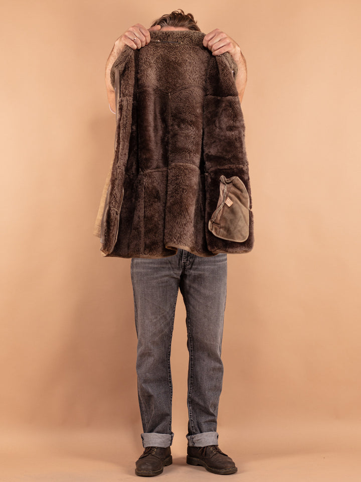 Vintage 80's Men Sheepskin Coat in Brown Beige