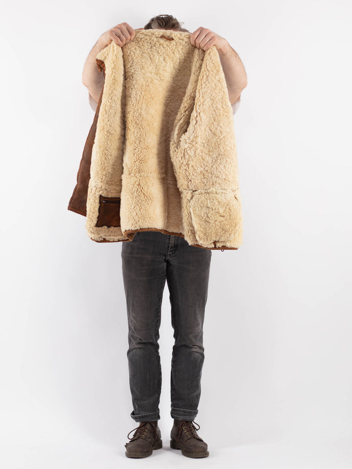 Vintage 80's Men Sheepskin Shearling Coat in BrownZ586