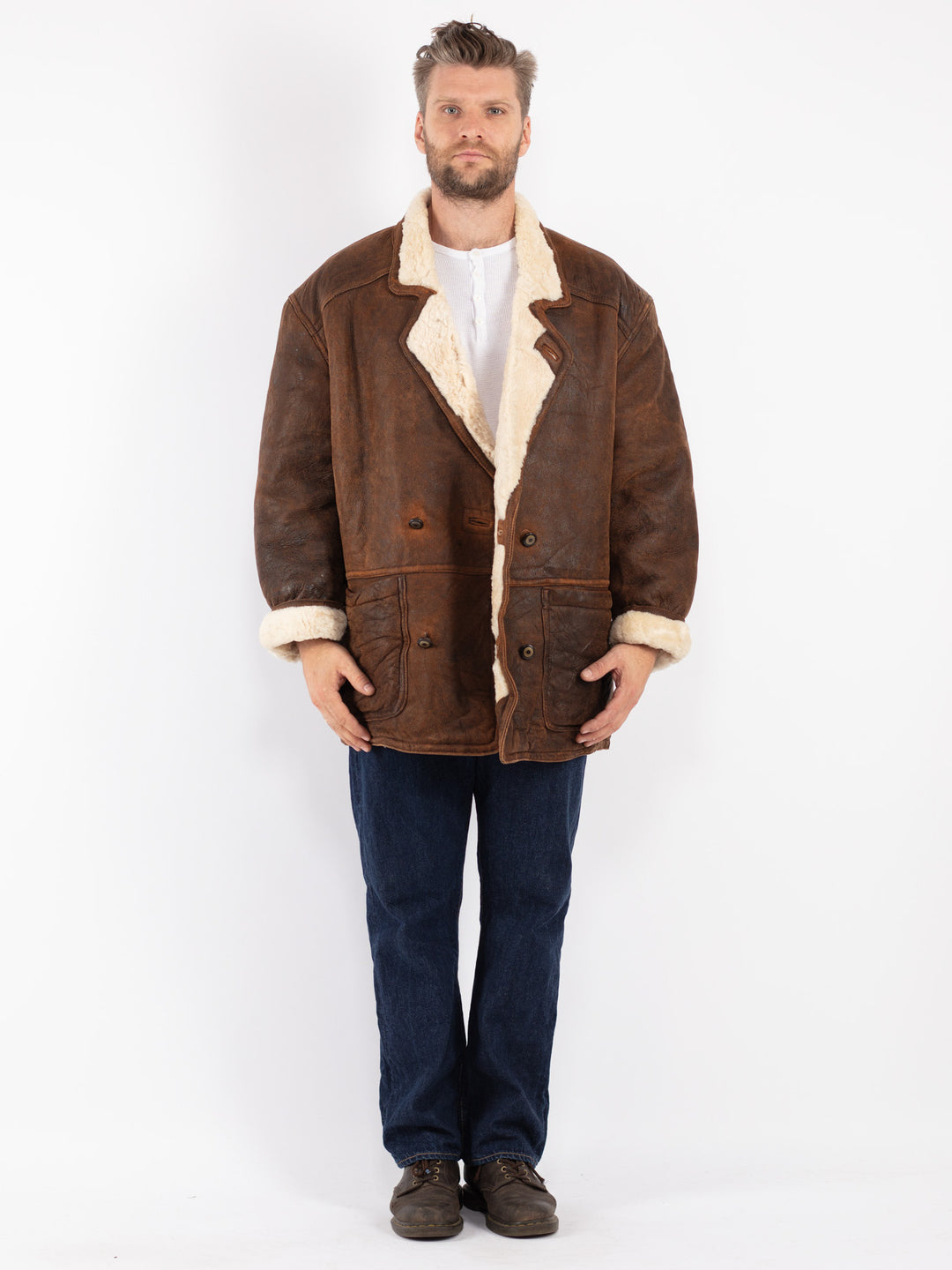 Vintage Men Sheepskin Coat in Brown