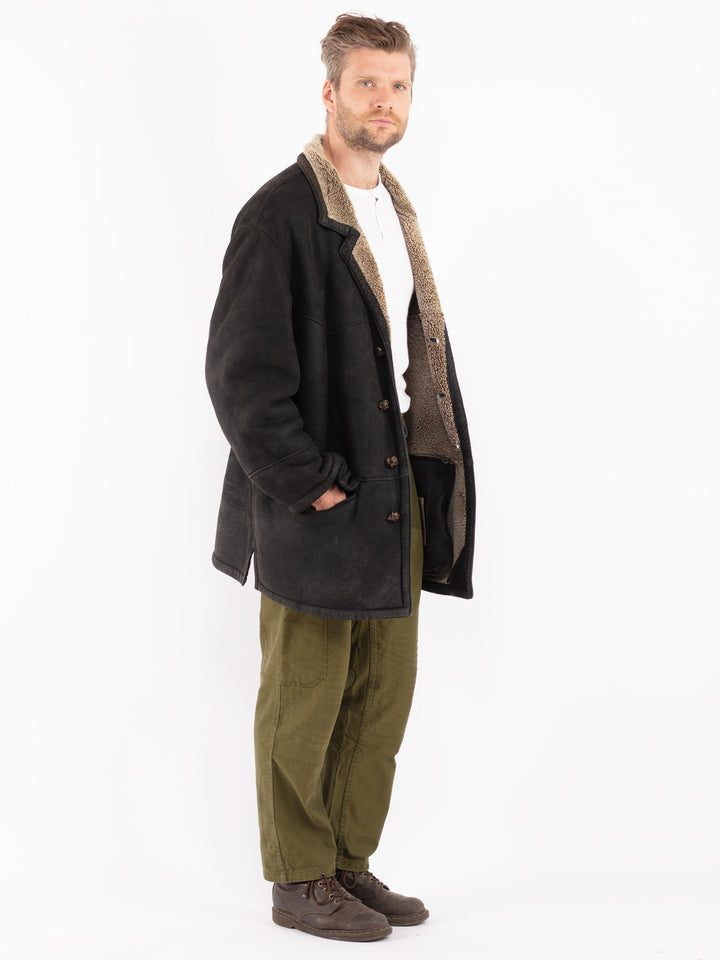 Vintage 80's Men Sheepskin Coat in Black
