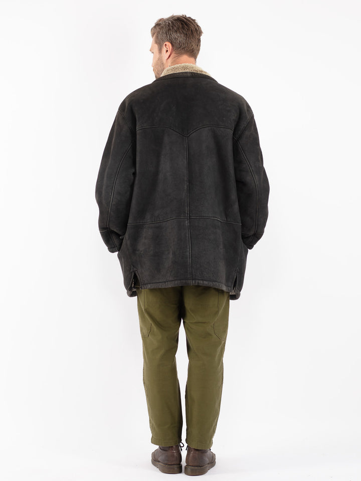 Vintage 80's Men Sheepskin Coat in Black
