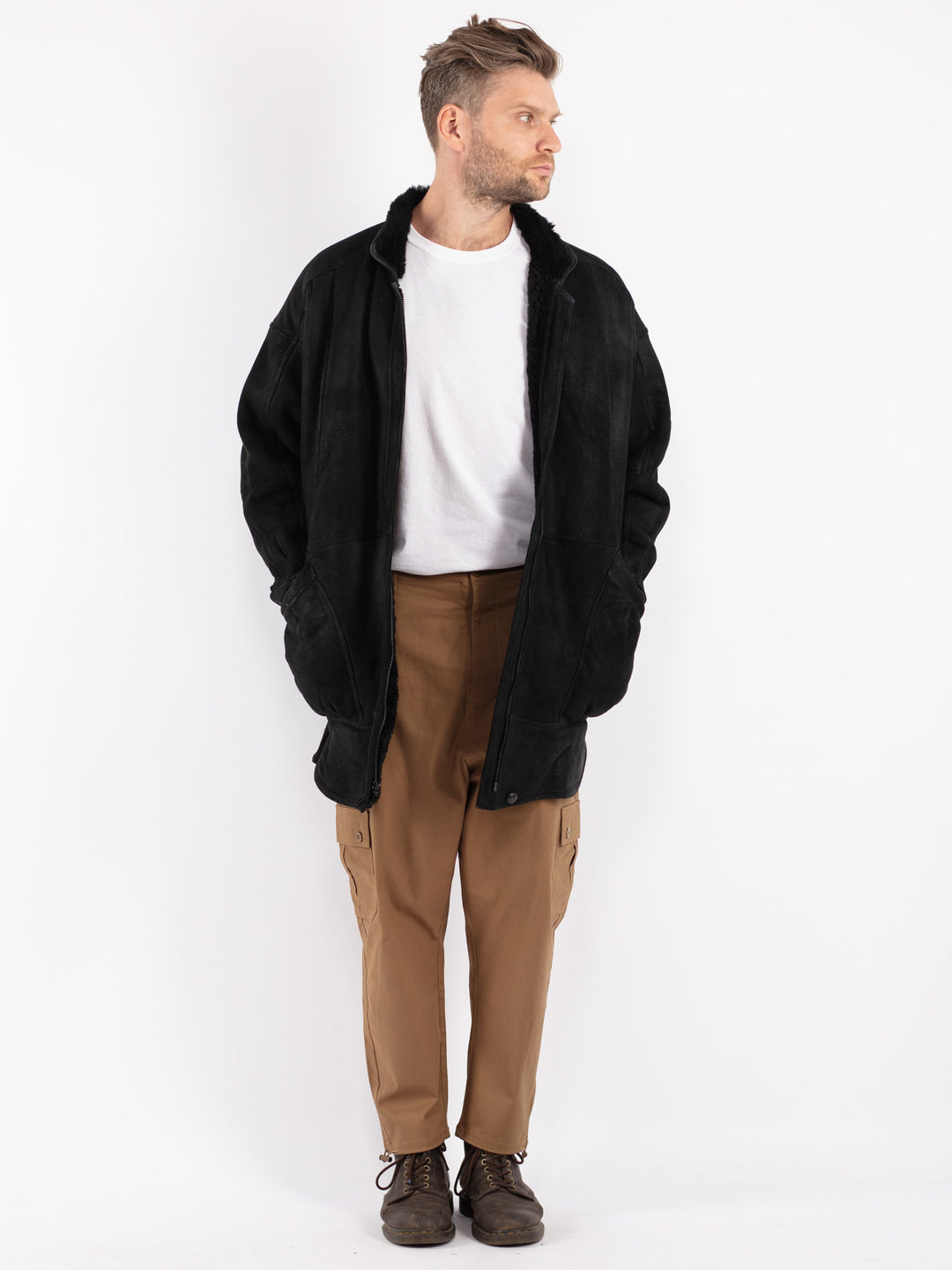 Vintage 80's Men Sheepskin Coat in Black