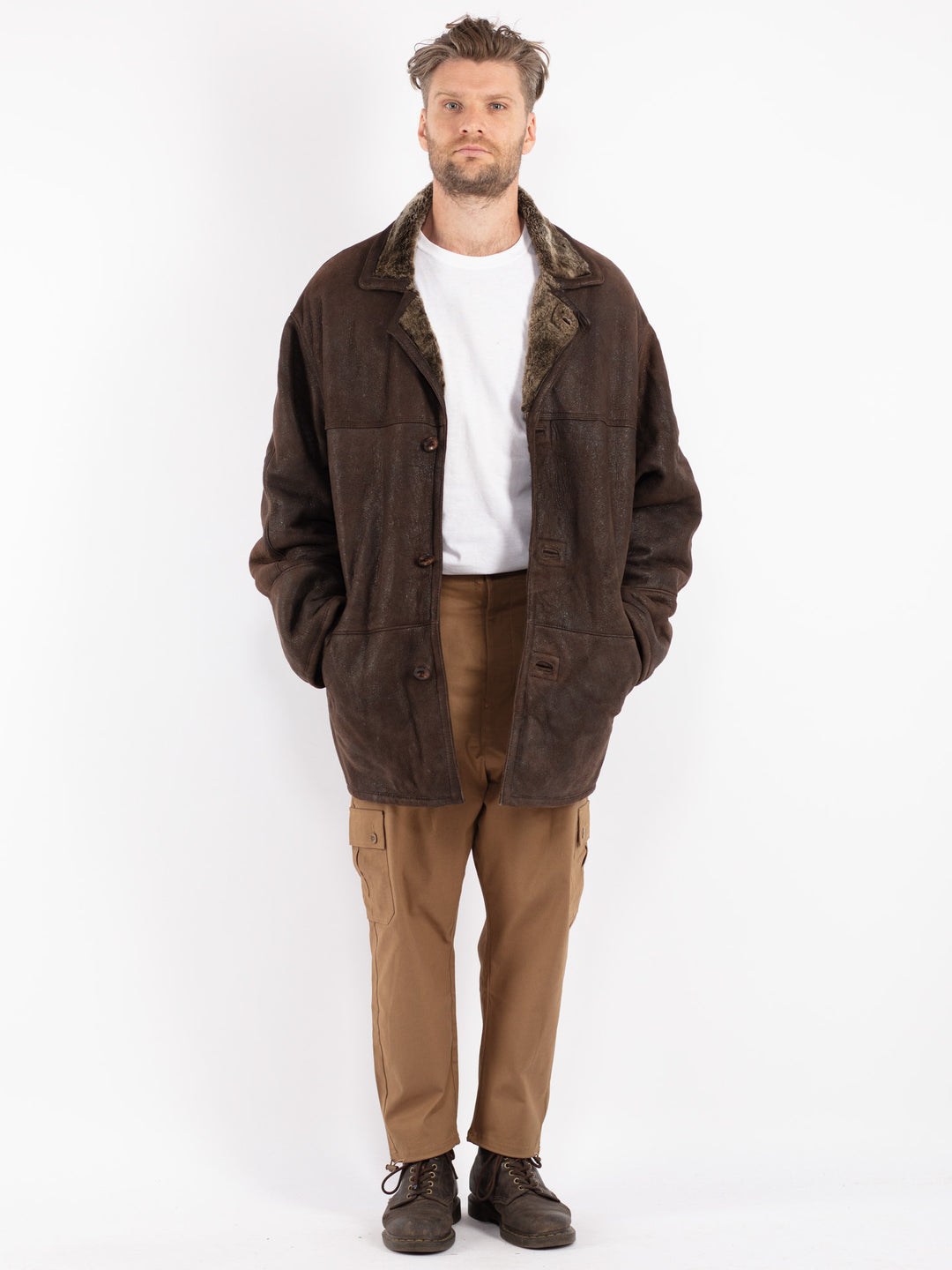 Vintage 80's Men Sheepskin Coat in Brown