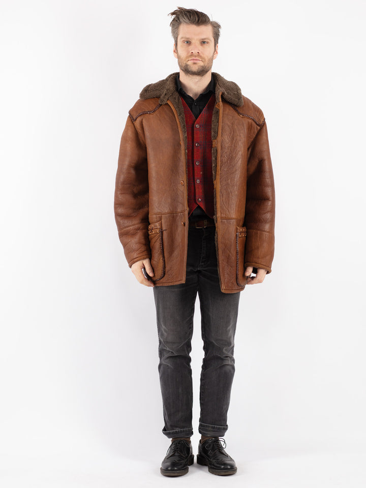 Vintage 80's Men Sheepskin Shearling Coat in Brown