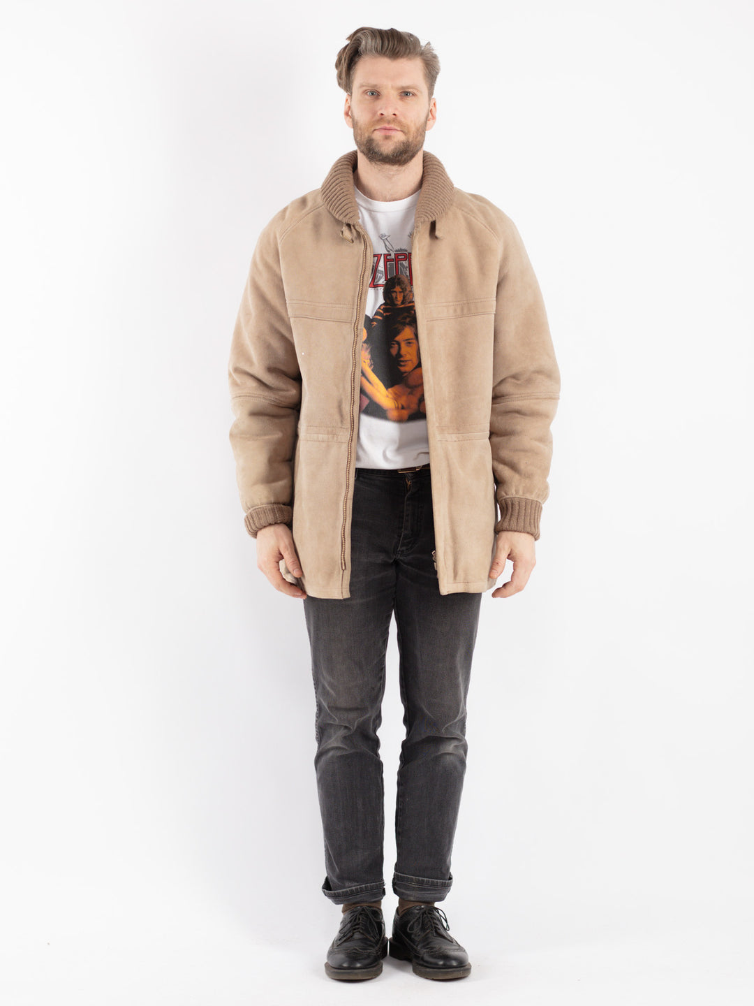 Vintage 80's Men Sheepskin Coat in Beige