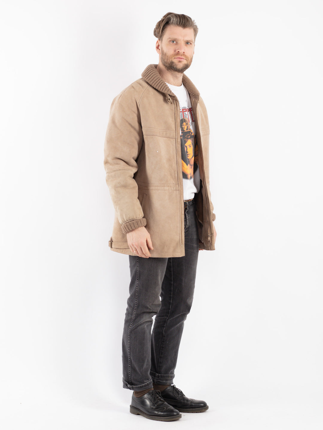 Vintage 80's Men Sheepskin Coat in Beige