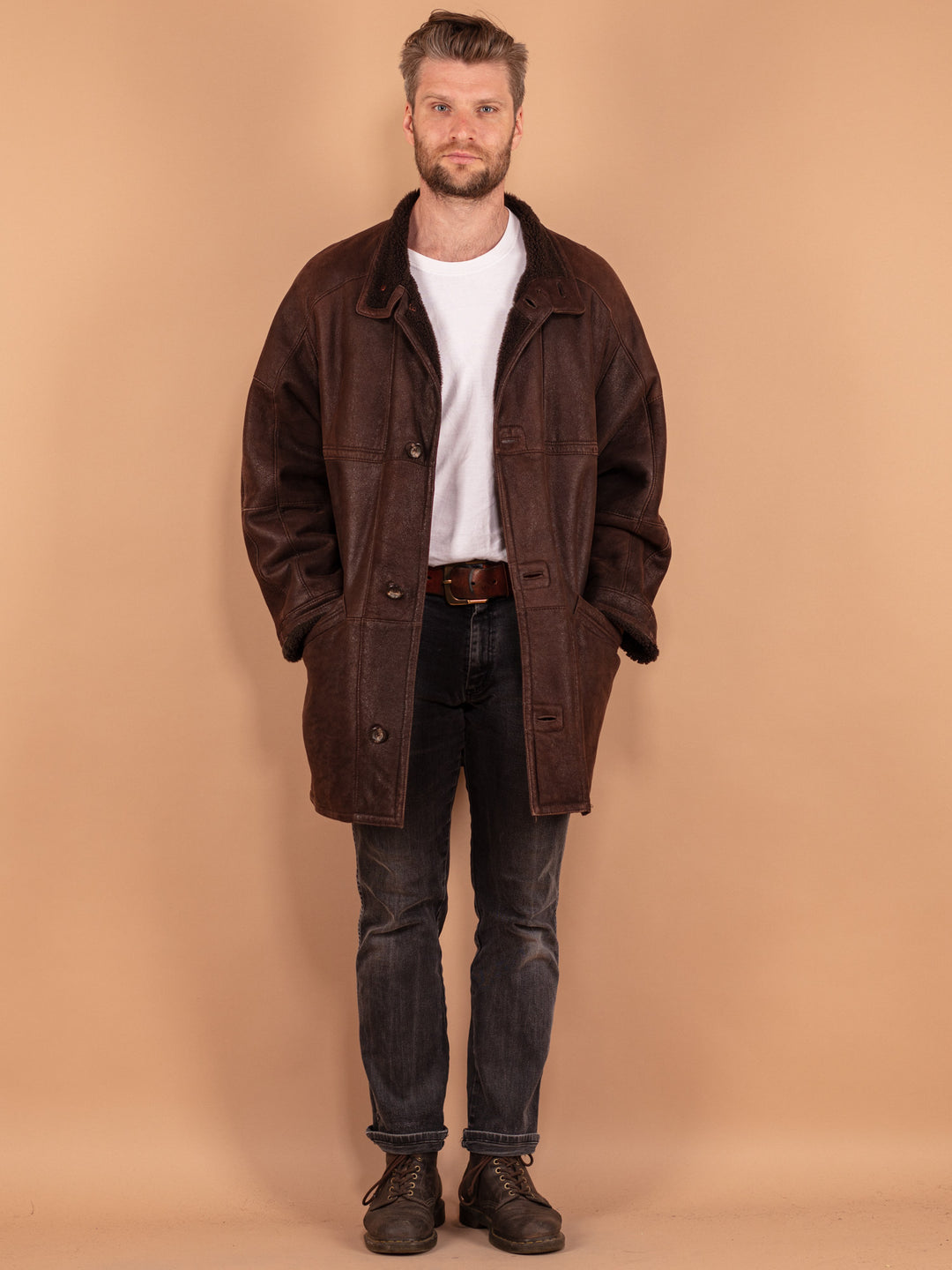 Vintage 80's Men Sheepskin Coat in Brown