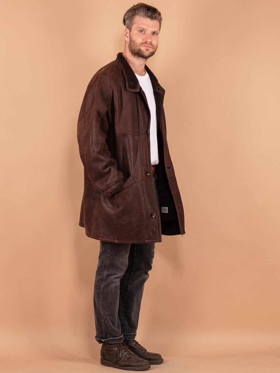 Vintage 80's Men Sheepskin Coat in Brown