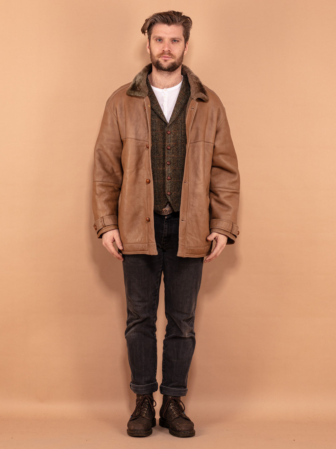 Vintage 80's Men Sheepskin Leather Coat in Beige - NorthernGrip