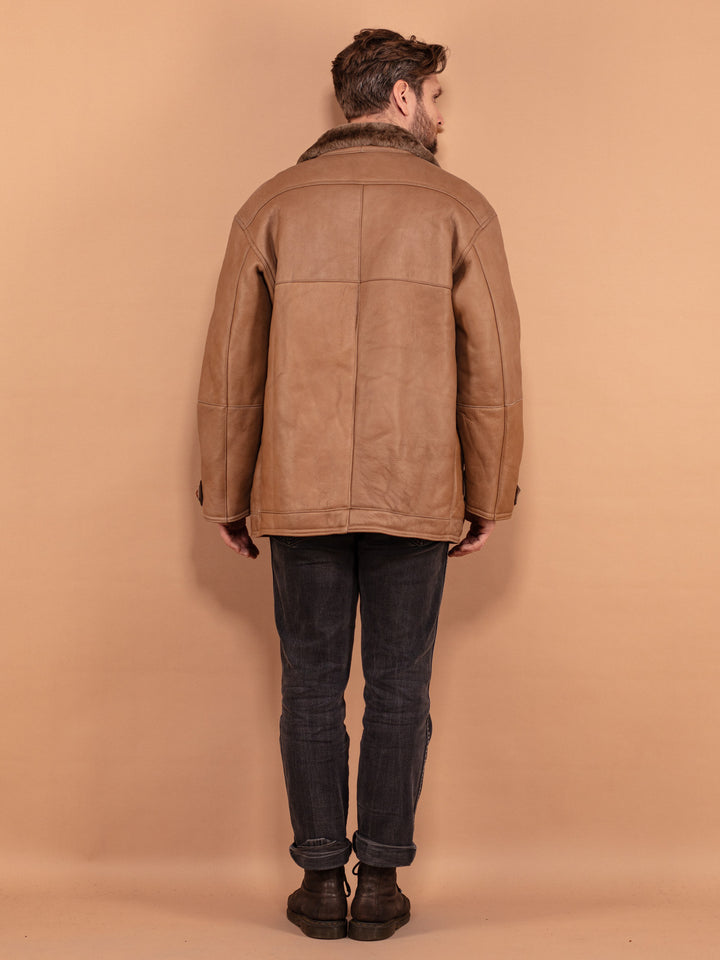 Vintage 80's Men Sheepskin Leather Coat in Beige - NorthernGrip