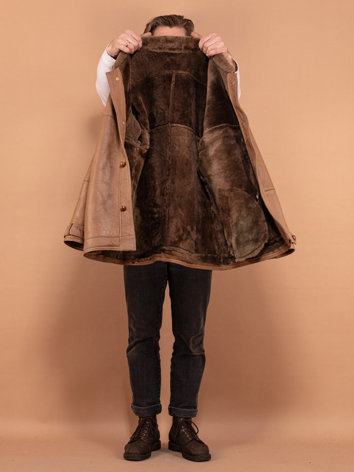 Vintage 80's Men Sheepskin Leather Coat in Beige - NorthernGrip