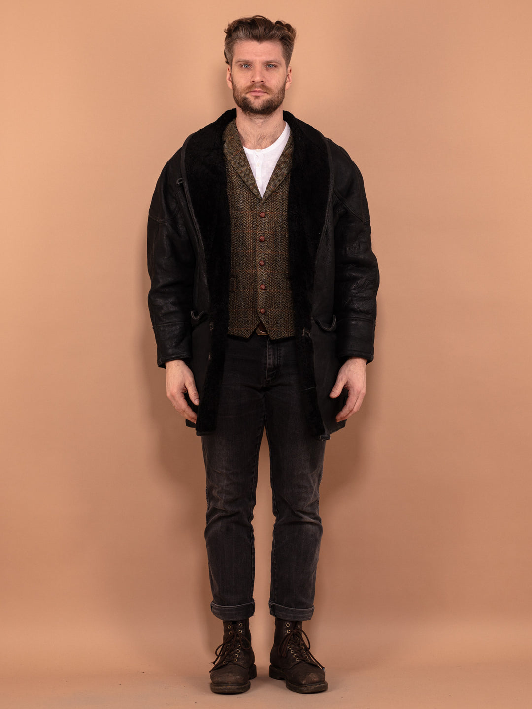 Vintage 80's Men Sheepskin Leather Coat in Black - NorthernGrip