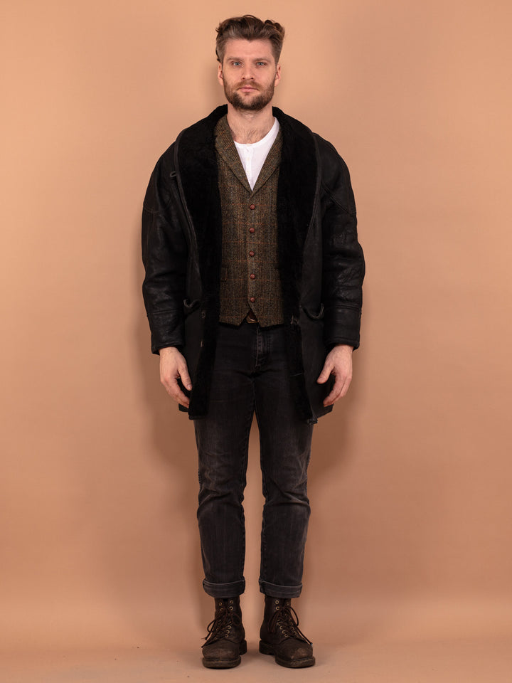 Vintage 80's Men Sheepskin Leather Coat in Black - NorthernGrip