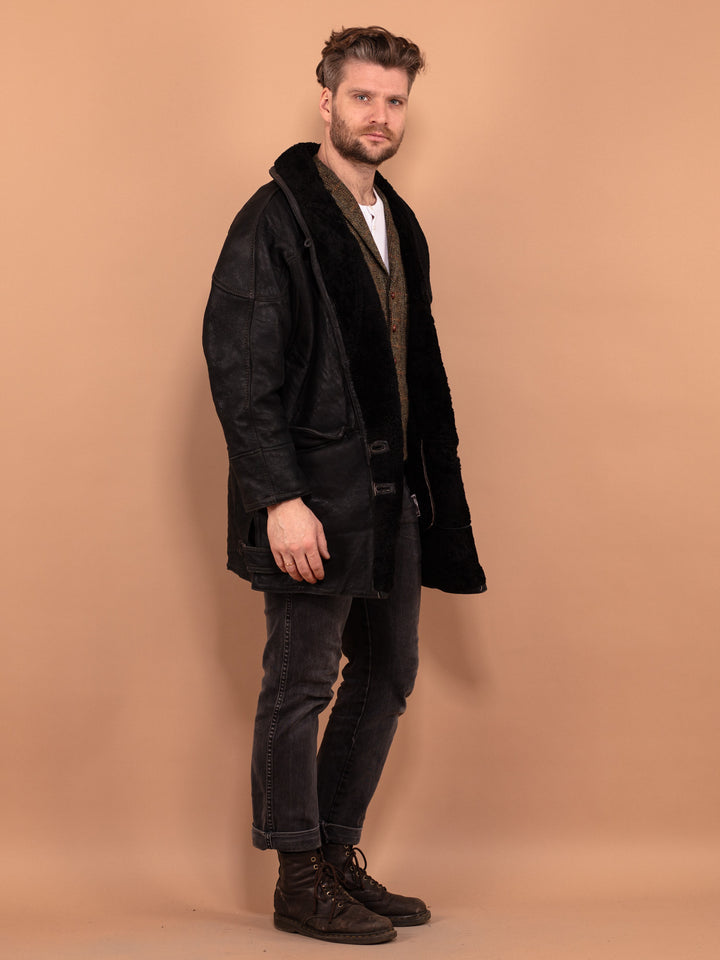 Vintage 80's Men Sheepskin Leather Coat in Black - NorthernGrip