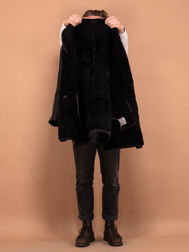 Vintage 80's Men Sheepskin Leather Coat in Black - NorthernGrip