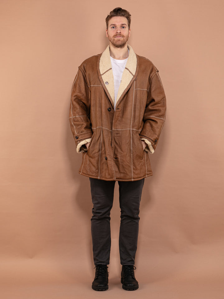 Vintage 80's Men Sheepskin Leather Coat in Brown - NorthernGrip