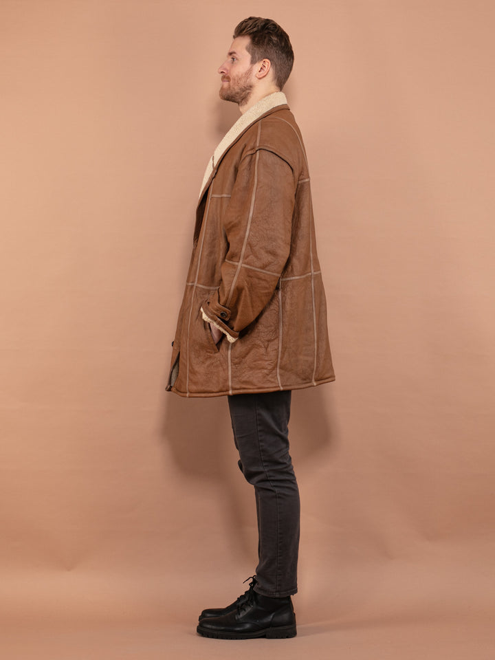 Vintage 80's Men Sheepskin Leather Coat in Brown - NorthernGrip