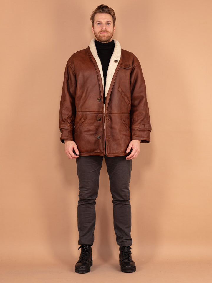 Vintage 80's Men Sheepskin Leather Coat in Brown - NorthernGrip