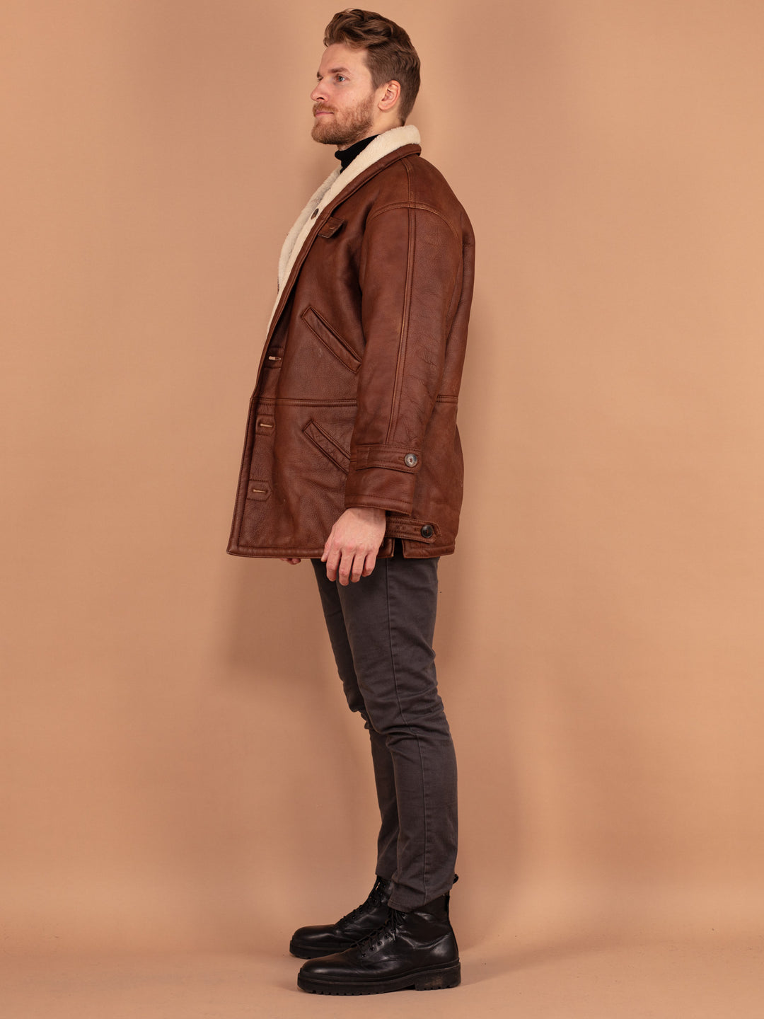 Vintage 80's Men Sheepskin Leather Coat in Brown - NorthernGrip