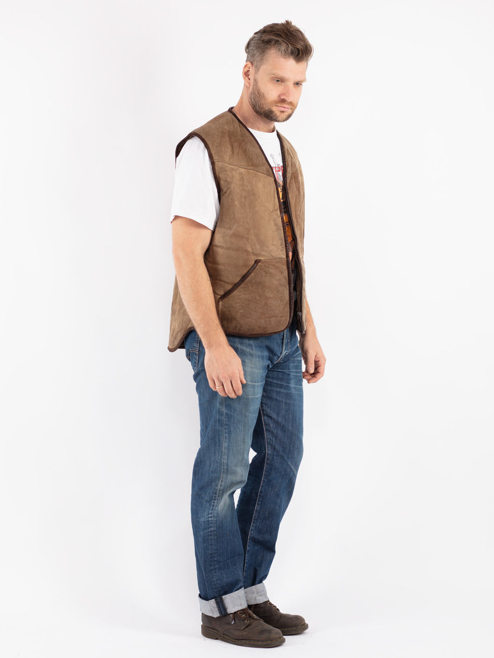 Vintage 80's Men Sheepskin Vest in Beige