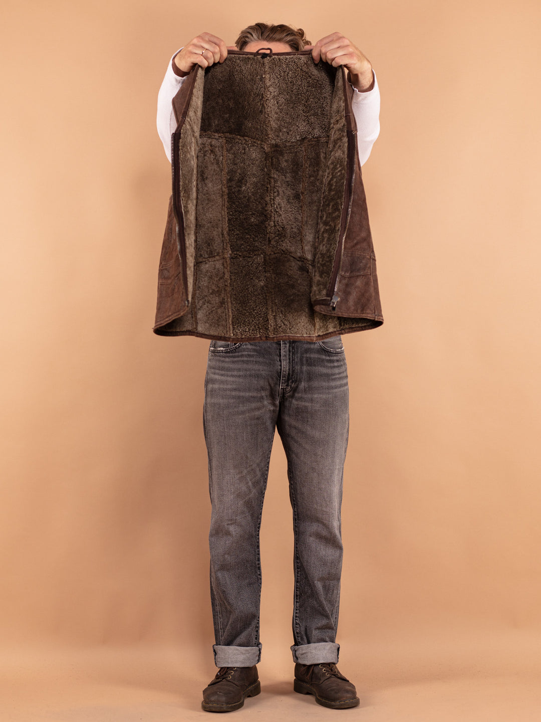 Vintage 80. gadu vīriešu aitādas veste brūnā krāsā