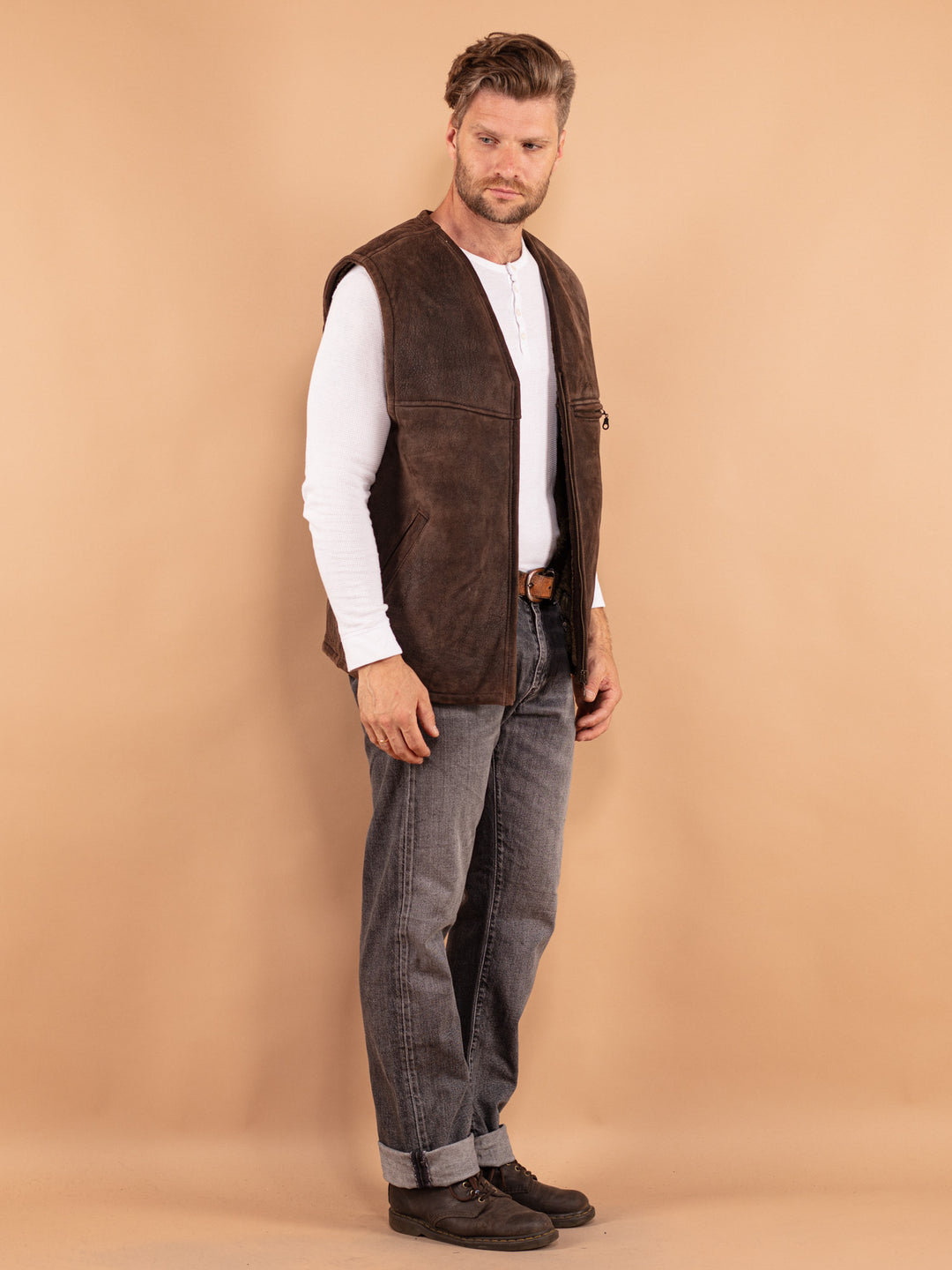 Vintage 80's Men Sheepskin Vest in Brown