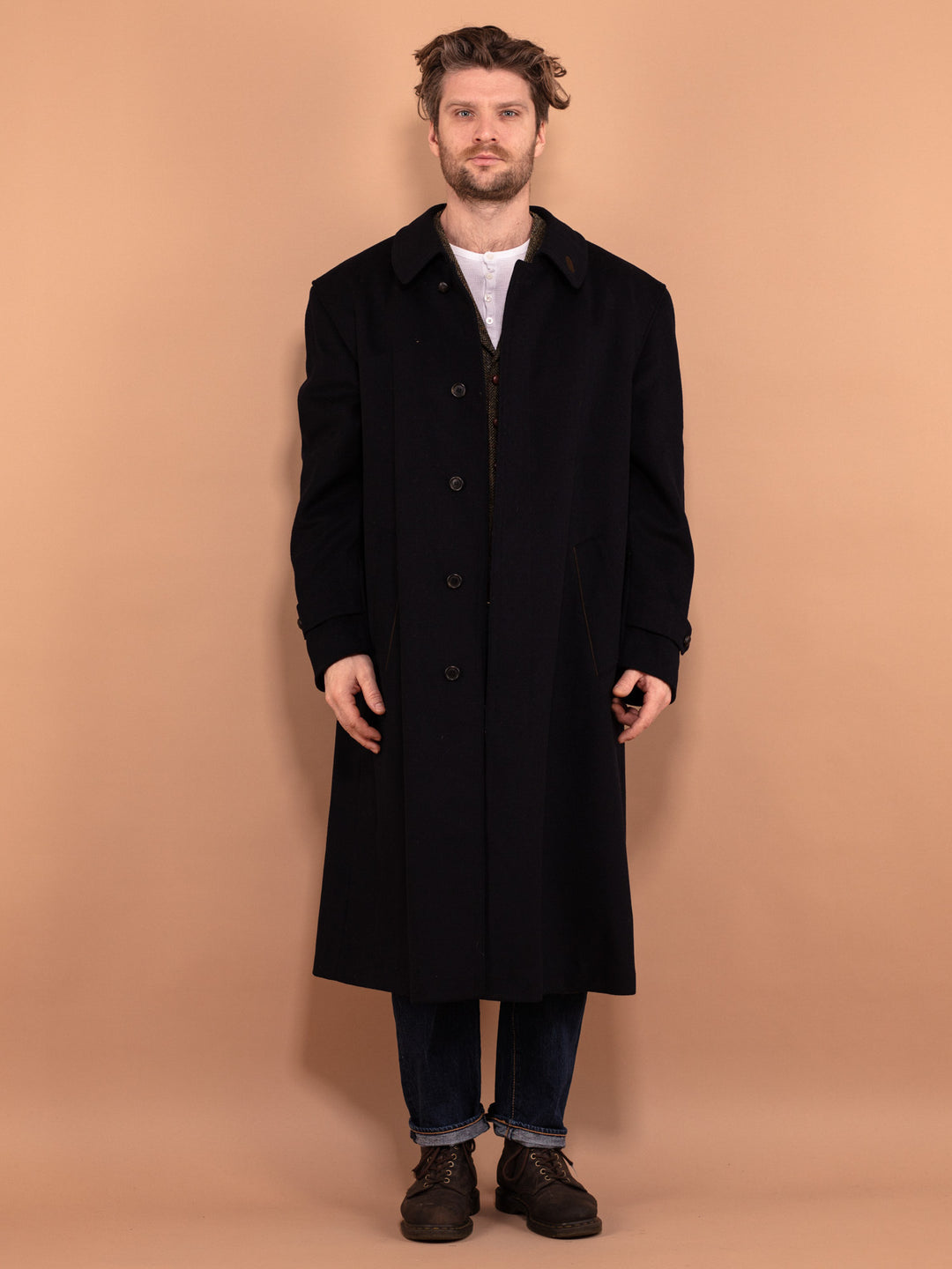 Vintage 80's Men Wool Blend Maxi Coat in Navy Blue - NorthernGrip