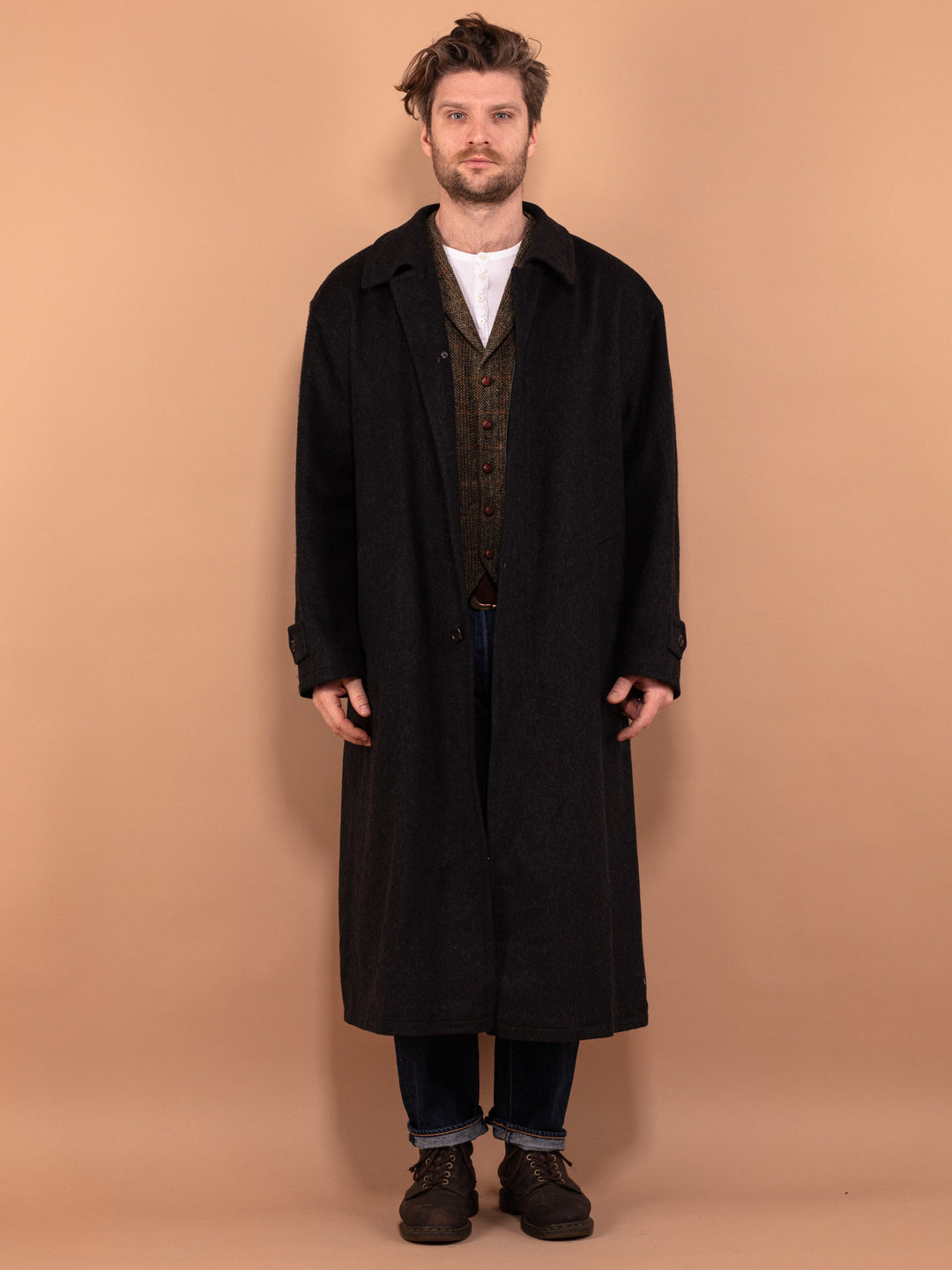 Vintage 80's Men Wool Blend Maxi Coat in Gray - NorthernGrip