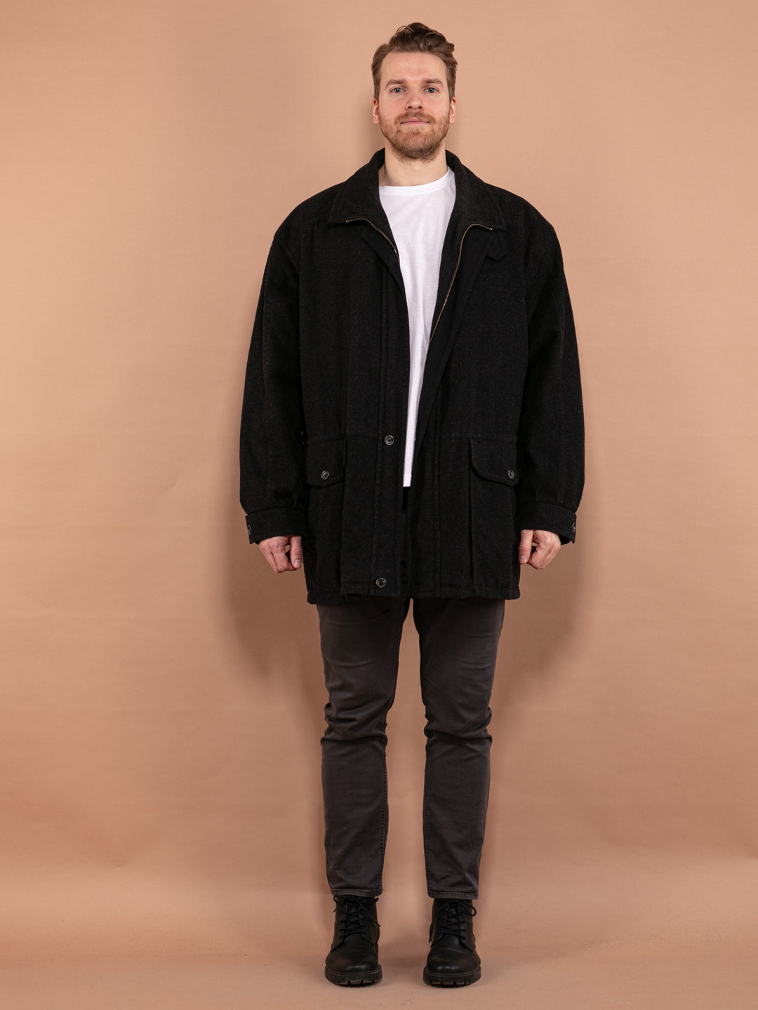 Vintage 80's Men Wool Parka Coat in Dark Gray - NorthernGrip