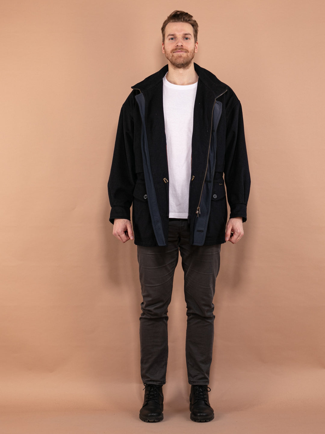 Vintage 80's Men Wool Parka Coat in Navy Blue - NorthernGrip