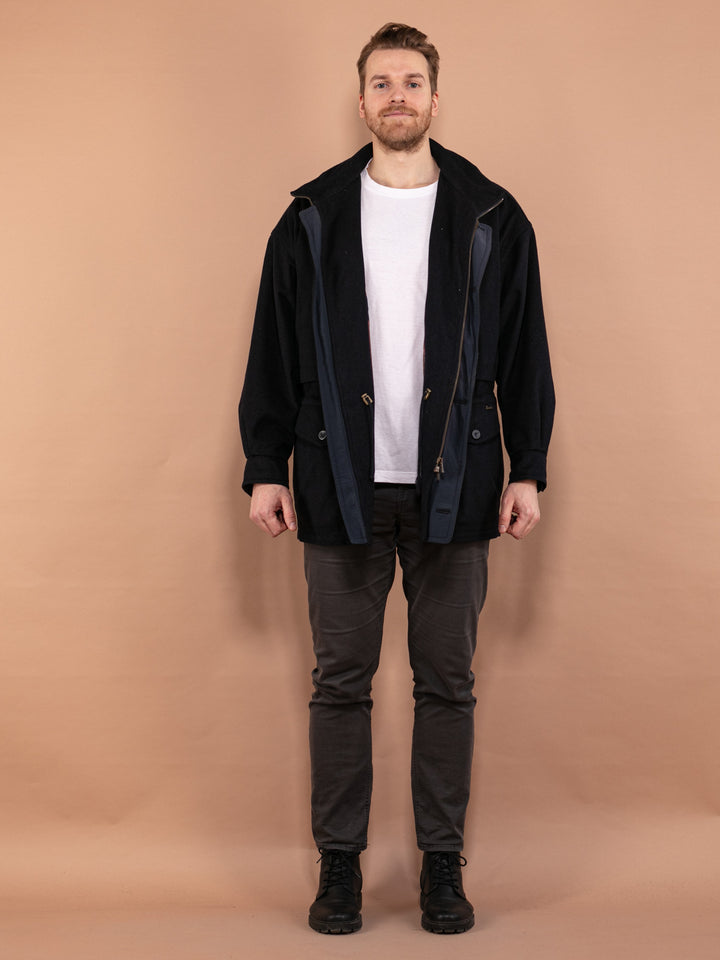 Vintage 80's Men Wool Parka Coat in Navy Blue - NorthernGrip