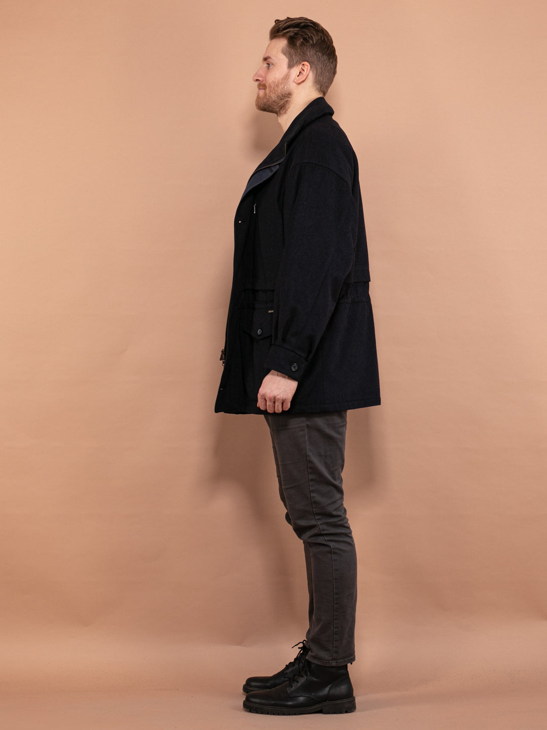 Vintage 80's Men Wool Parka Coat in Navy Blue - NorthernGrip