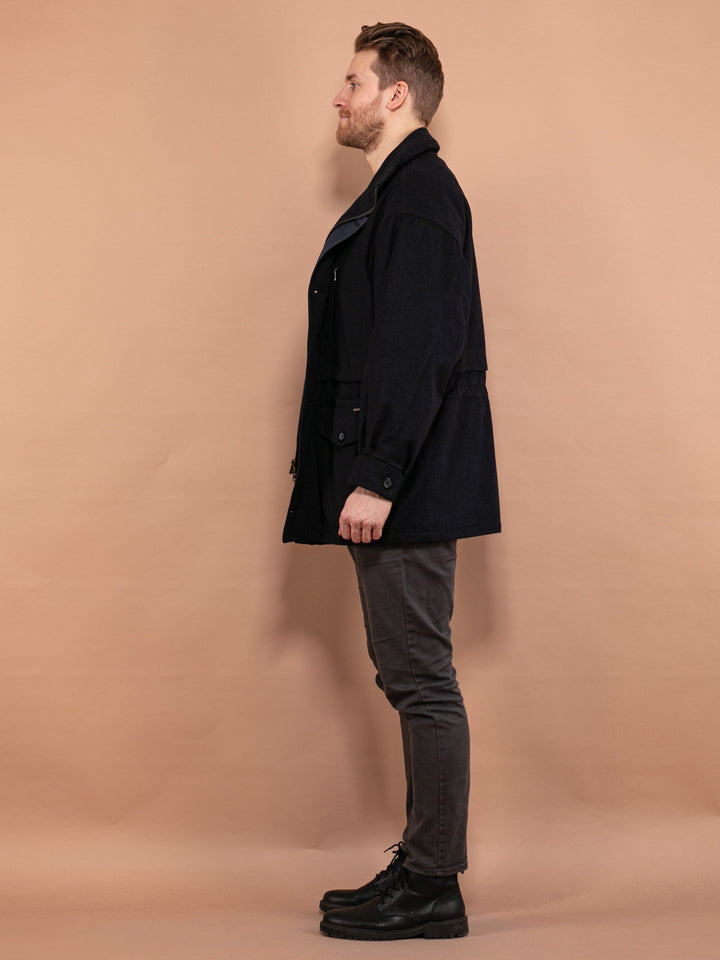 Vintage 80's Men Wool Parka Coat in Navy Blue - NorthernGrip