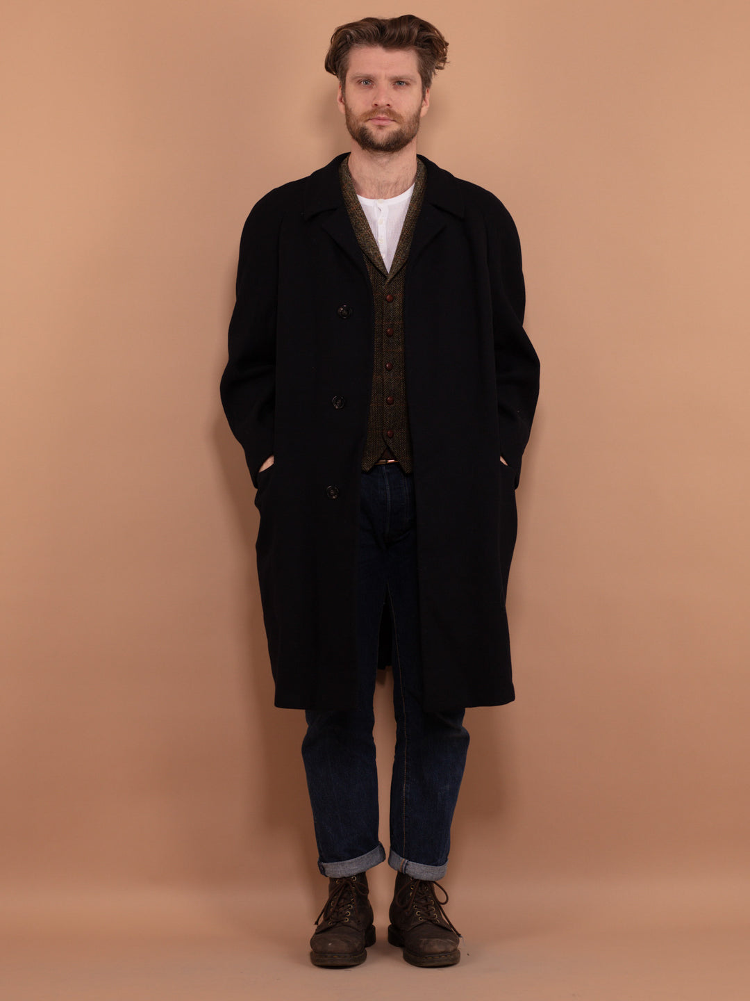 Vintage 80's Men Wool Coat in Navy Blue - NorthernGrip