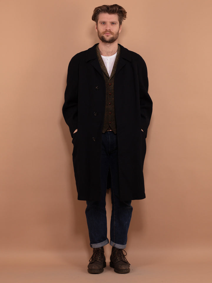 Vintage 80's Men Wool Coat in Navy Blue - NorthernGrip