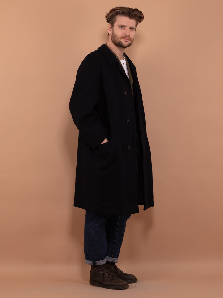 Vintage 80's Men Wool Coat in Navy Blue - NorthernGrip