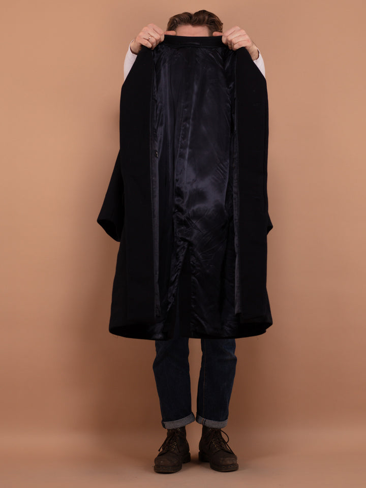 Vintage 80's Men Wool Coat in Navy Blue - NorthernGrip