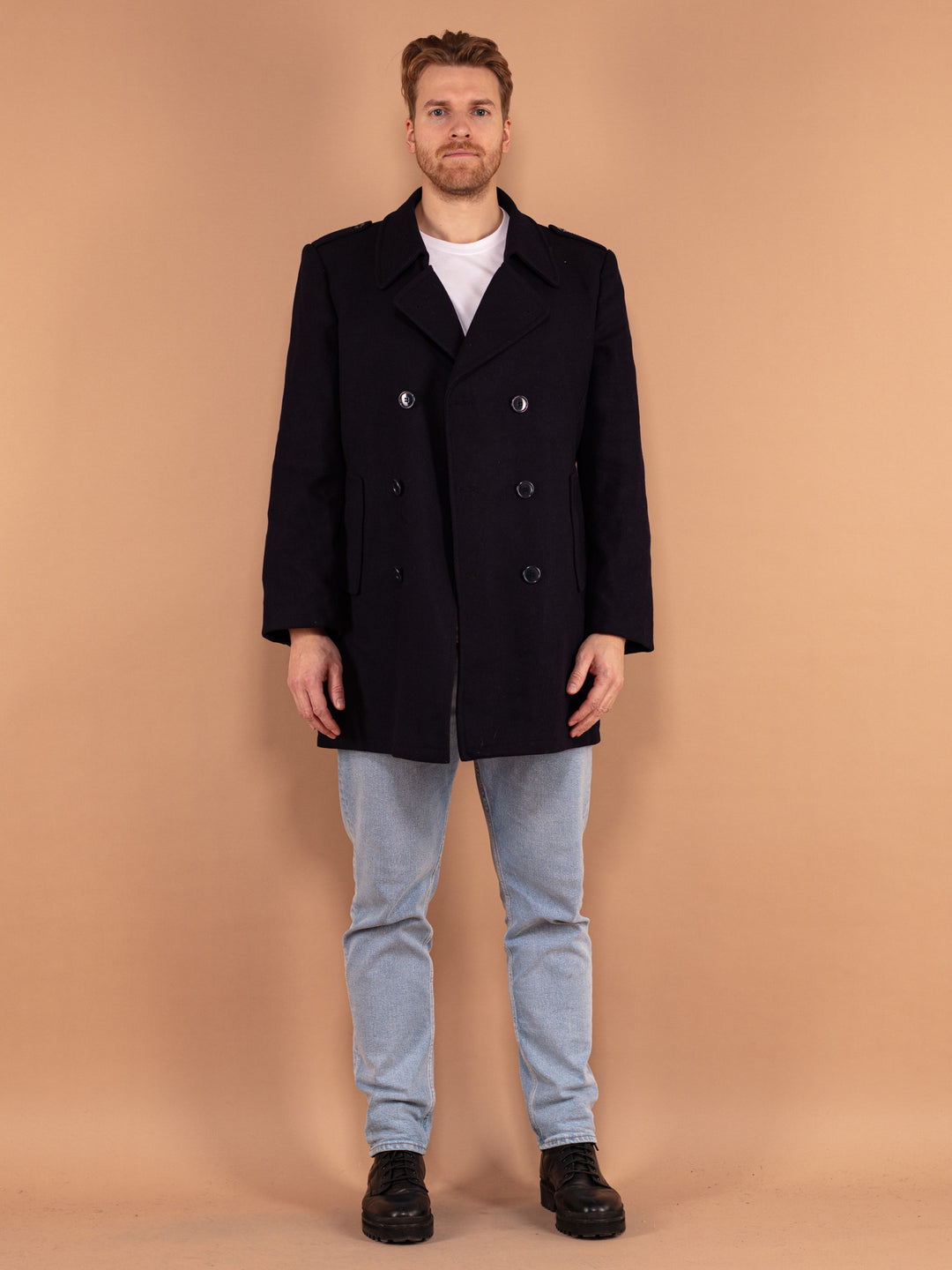 Vintage 80's Men Wool Coat in Blue - NorthernGrip