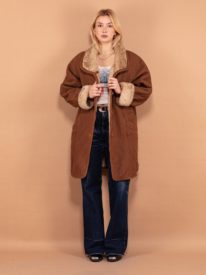 Vintage 80's Women Faux Sheepskin Coat in Brown - NorthernGrip