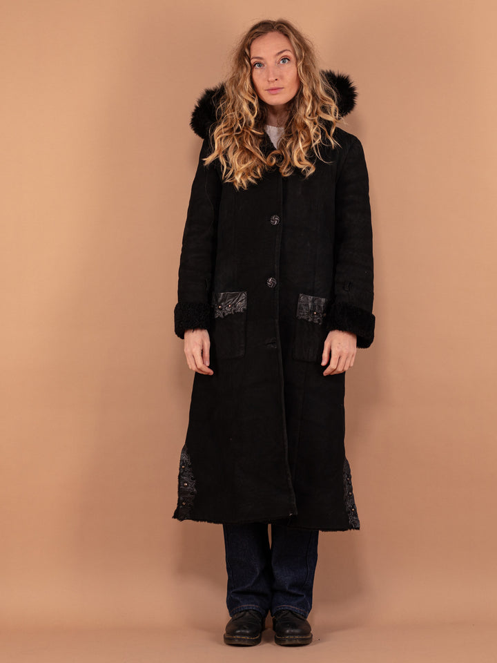 Vintage 80's Women Hooded Sheepskin Long Coat in Brown - NorthernGrip