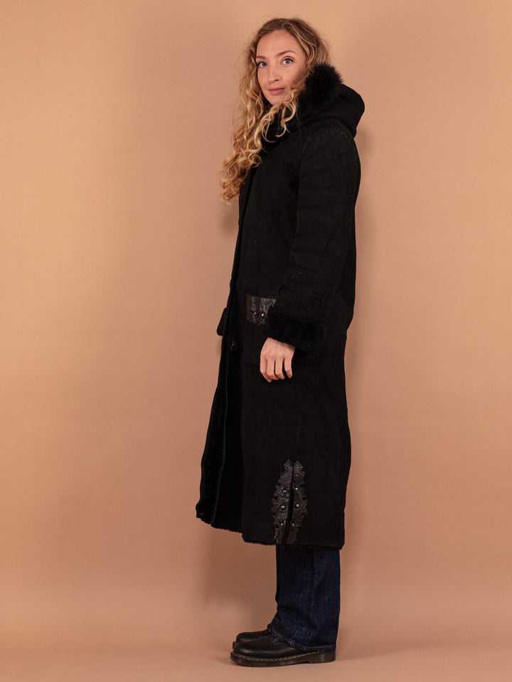 Vintage 80's Women Hooded Sheepskin Long Coat in Brown - NorthernGrip