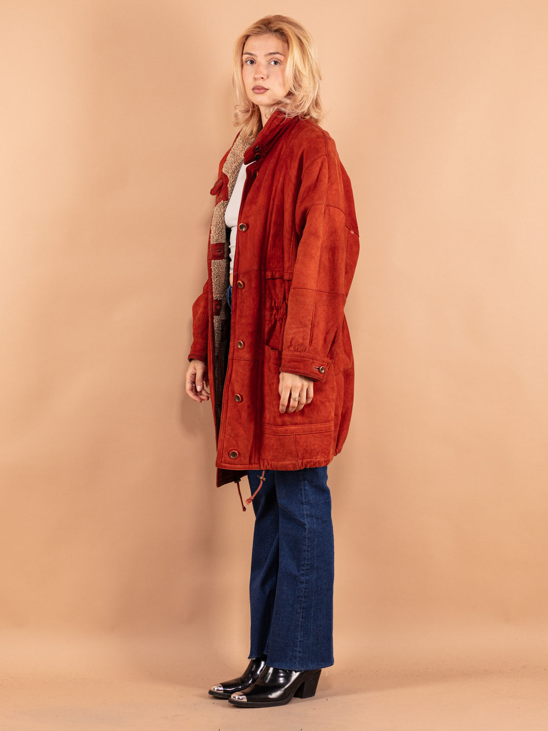 Vintage 90's Women Oversized Sheepskin Coat in Brown